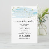 水彩青と金ゴールド赤ちゃんシャワー日付を保存 招待状 (スタンド正面)