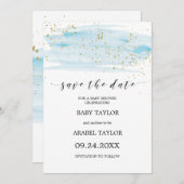 水彩青と金ゴールド赤ちゃんシャワー日付を保存 招待状 (正面/裏面)