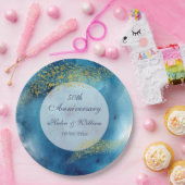 水彩青と金ゴールド50結婚周年 ペーパープレート (パーティー)