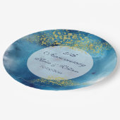 水彩青と金ゴールド50結婚周年 ペーパープレート (アングル)