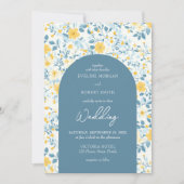 水彩青と黄色のコテージの花アーチ 招待状 (正面)