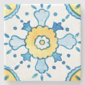 水彩青と黄色のモロッコタイルパターン ストーンコースター (正面)