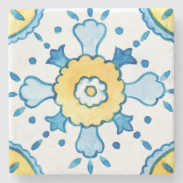 水彩青と黄色のモロッコタイルパターン ストーンコースター