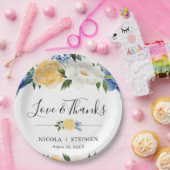 水彩青と黄色の花のウェディング ペーパープレート (パーティー)