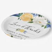 水彩青と黄色の花のウェディング ペーパープレート (アングル)