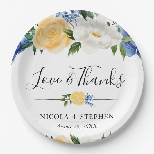 水彩青と黄色の花のウェディング ペーパープレート (正面)