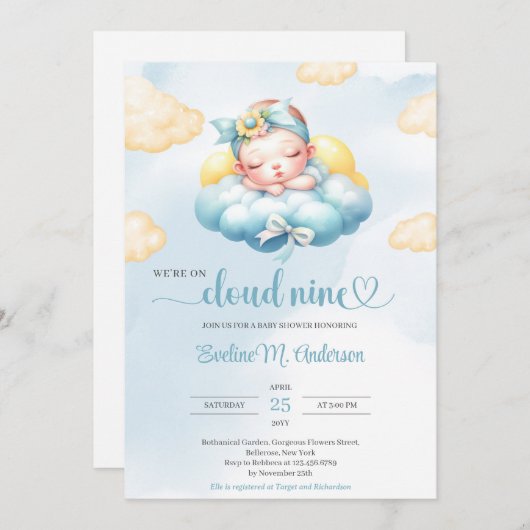 水彩青と黄色の雲9赤ちゃん女の子 招待状 (正面/裏面)