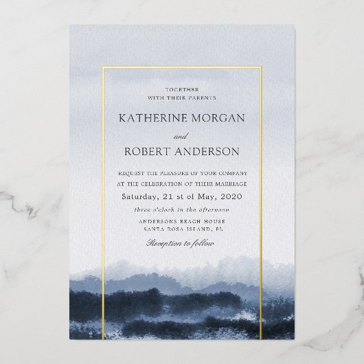 水彩青の風景自然インスパイア 箔招待状 (正面)