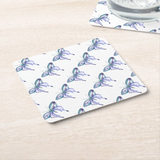 水彩青アクアパープルバタフライ スクエアペーパーコースター (アングル)