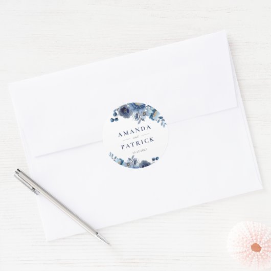 水彩青エレガントな結婚式封筒用シール ラウンドシール (封筒)