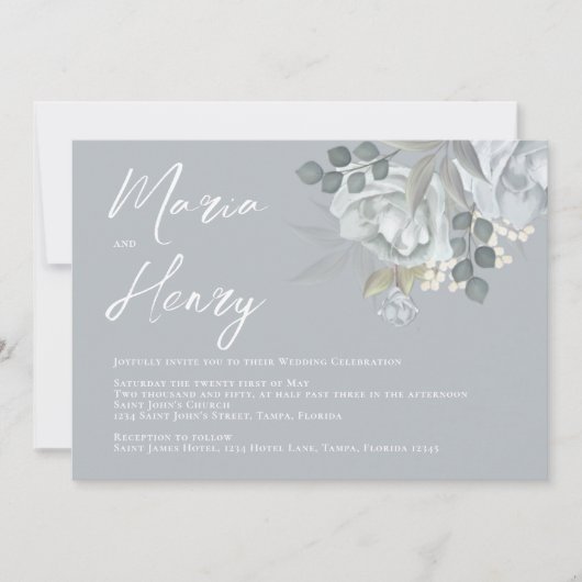水彩青エレガントフローラほこりっぽい緑 招待状 (正面)