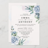 水彩青エレガントフローラ結婚式招待状 招待状 (正面/裏面)