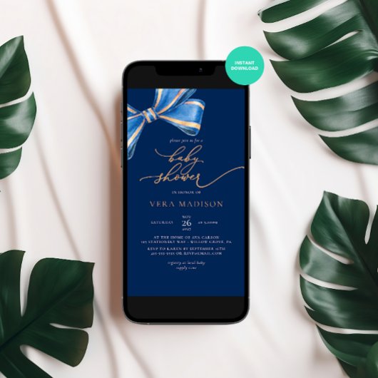 水彩青エレガント弓ベビーシャワー 招待状