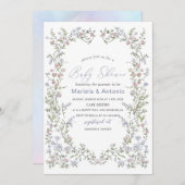 水彩青エレガント桃色の花赤ちゃんシャワー 招待状 (正面/裏面)