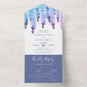 水彩青エレガント紫フローラ結婚ズ オールインワン招待状 (内側)