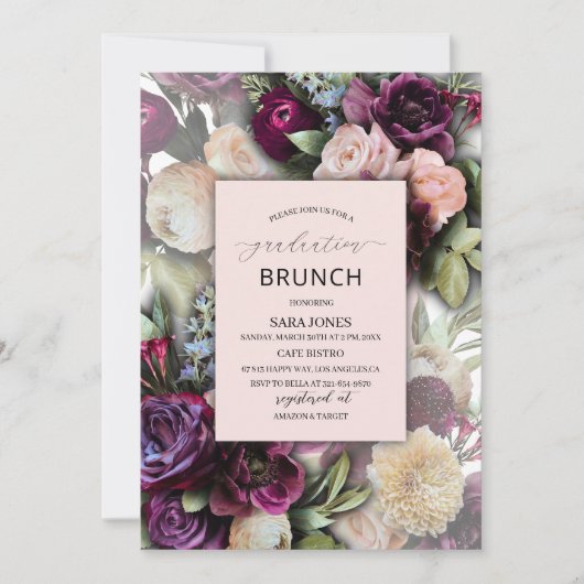 水彩青エレガント紫色のピンクの花をグラデーション 招待状 (正面)