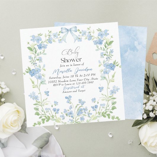 水彩青エレガント花赤ちゃんシャワー 招待状