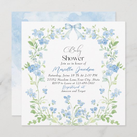 水彩青エレガント花赤ちゃんシャワー 招待状 (正面/裏面)
