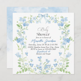 水彩青エレガント花赤ちゃんシャワー 招待状