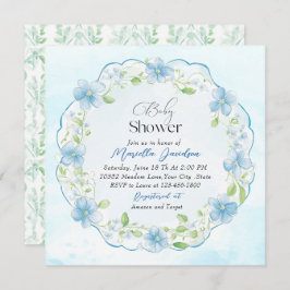 水彩青エレガント花赤ちゃんシャワー 招待状