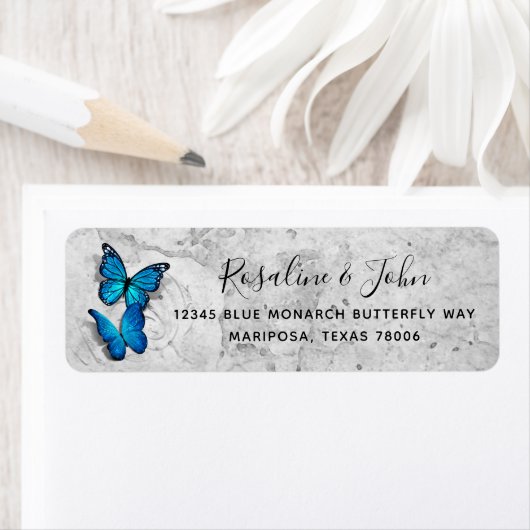 水彩青エレガント蝶差出人住所 ラベル (インサイチュ)