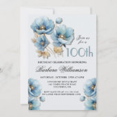 水彩青エレガント金ゴールドフローラ100誕生日 招待状 (正面)