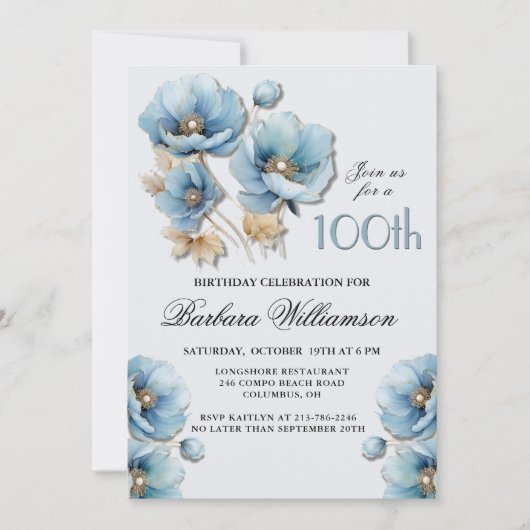 水彩青エレガント金ゴールドフローラ100誕生日 招待状 (正面)