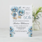 水彩青エレガント金ゴールドフローラ50誕生日 招待状 (スタンド正面)
