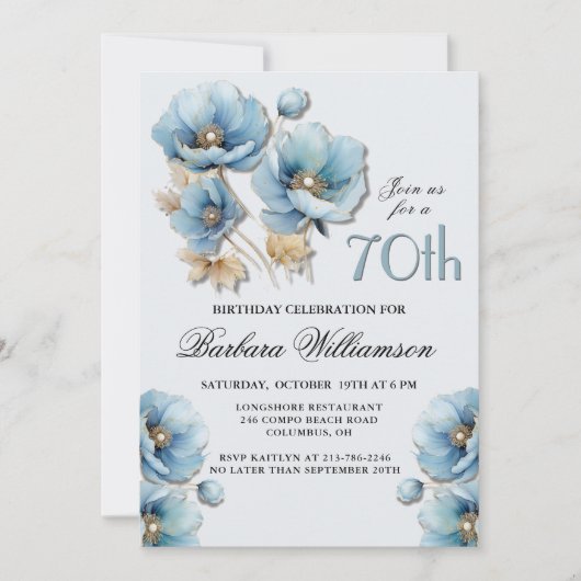水彩青エレガント金ゴールドフローラ70誕生日 招待状 (正面)