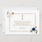 水彩青エレガント金ゴールド花双生児バプテスマ サンキューカード (裏面)