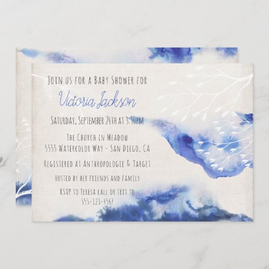水彩青グラデーションベビーシャワー招待状 招待状 (正面/裏面)