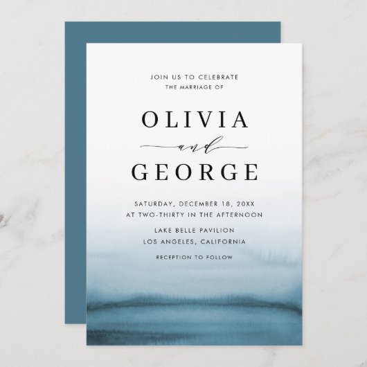 水彩青グラデーション色モダン結婚の 招待状 (正面/裏面)