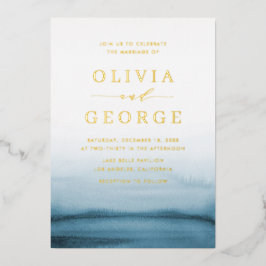 水彩青グラデーション色モダン結婚の 箔招待状