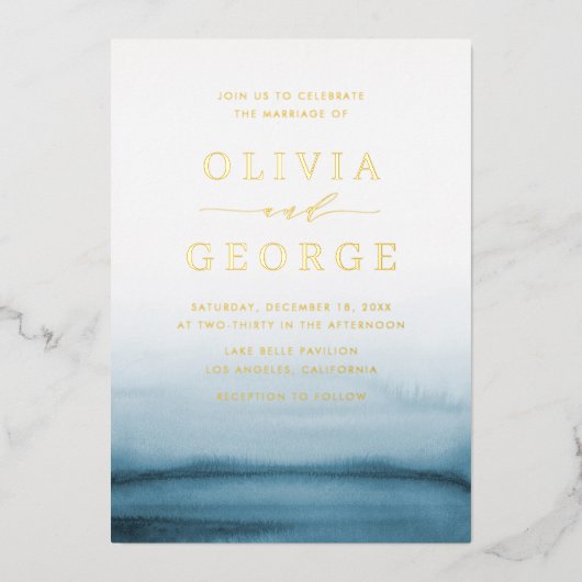 水彩青グラデーション色モダン結婚の 箔招待状 (正面)