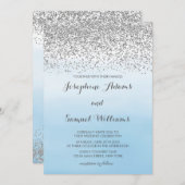 水彩青グラデーション銀グリッター結婚ズ 招待状 (正面/裏面)