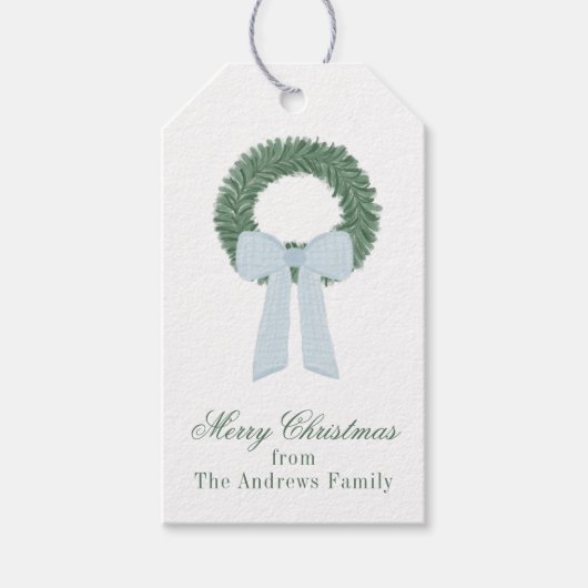 水彩青ジンガムサッシュリース ギフトタグ (正面)