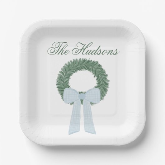 水彩青ジンガムサッシュリース ペーパープレート (正面)