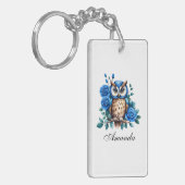 水彩青スタイリッシュフクロウとバラ キーホルダー (正面左)