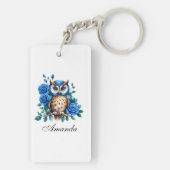 水彩青スタイリッシュフクロウとバラ キーホルダー (裏面)