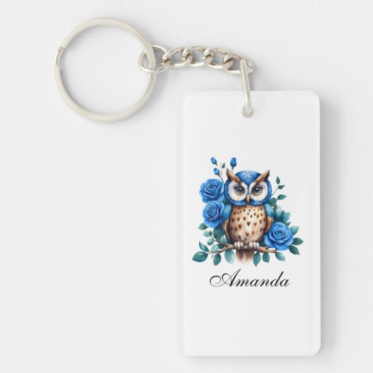 水彩青スタイリッシュフクロウとバラ キーホルダー (正面)