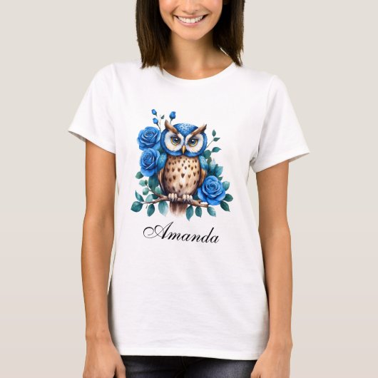 水彩青スタイリッシュフクロウとバラ Tシャツ (正面)