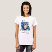 水彩青スタイリッシュフクロウとバラ Tシャツ (正面フル)