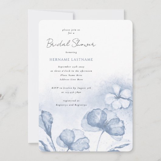 水彩青スタイリッシュフローラブライダルシャワー 招待状 (正面)