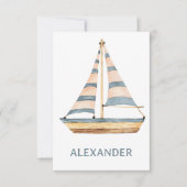 水彩青ストライプのヨット ノートカード (正面)