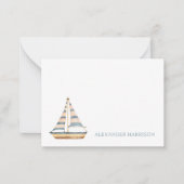 水彩青ストライプのヨット ノートカード (正面)