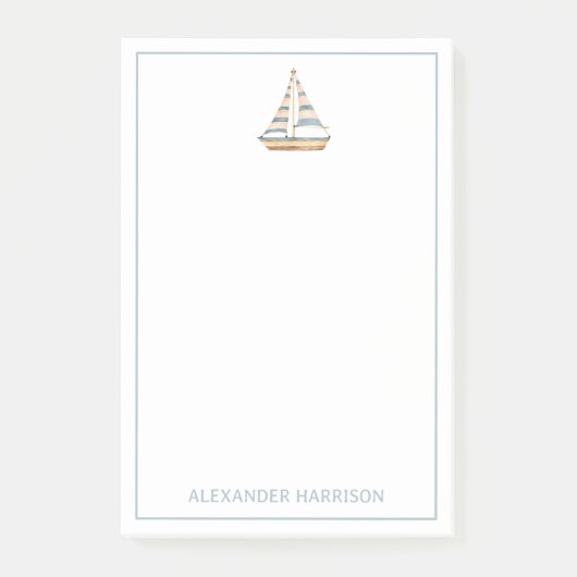 水彩青ストライプのヨット ポストイット (正面)