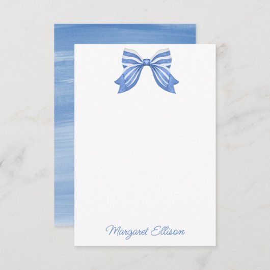 水彩青ストライプの弓ノートカード サンキューカード (正面/裏面)