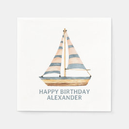 水彩青ストライプ帆船 スタンダードカクテルナプキン