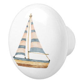 水彩青ストライプ帆船 セラミックノブ