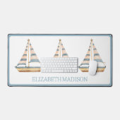 水彩青ストライプ帆船 デスクマット (キーボード&マウス)